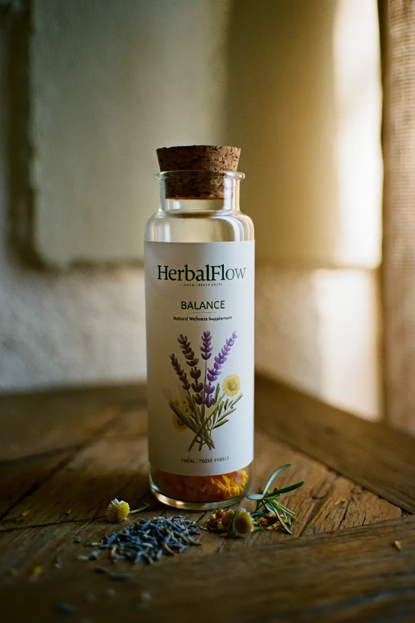 HerbalFlow Balance natural wellness supplement bottle with botanical ingredients
